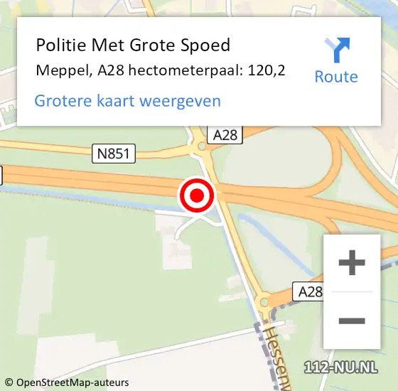 Locatie op kaart van de 112 melding: Politie Met Grote Spoed Naar Meppel, A28 hectometerpaal: 120,2 op 12 september 2021 23:59