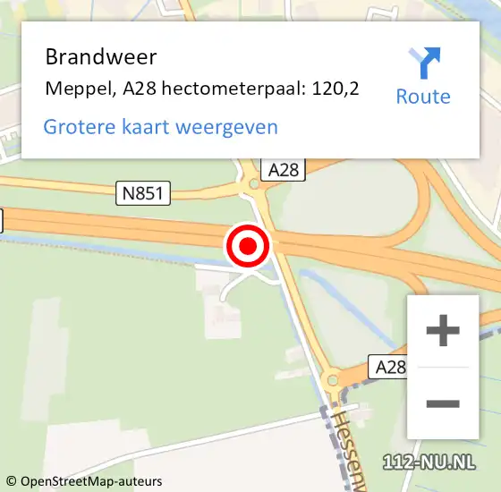 Locatie op kaart van de 112 melding: Brandweer Meppel, A28 hectometerpaal: 120,2 op 13 september 2021 00:05