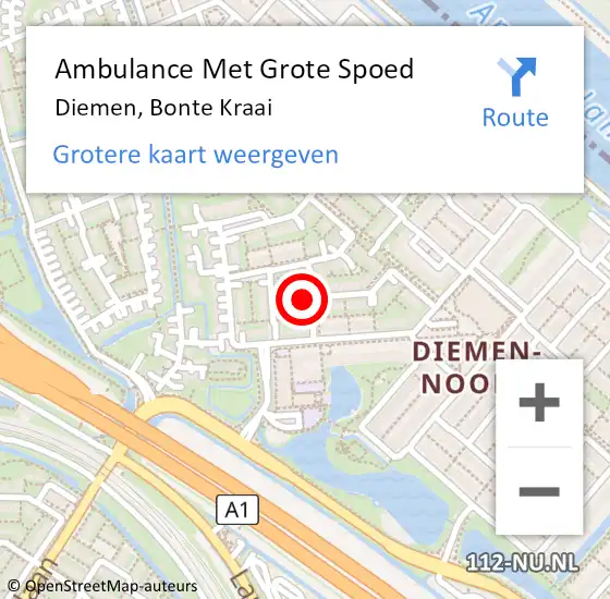 Locatie op kaart van de 112 melding: Ambulance Met Grote Spoed Naar Diemen, Bonte Kraai op 13 september 2021 03:09