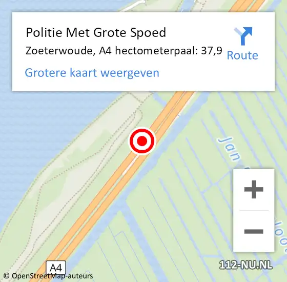 Locatie op kaart van de 112 melding: Politie Met Grote Spoed Naar Zoeterwoude, A4 hectometerpaal: 37,9 op 13 september 2021 06:03