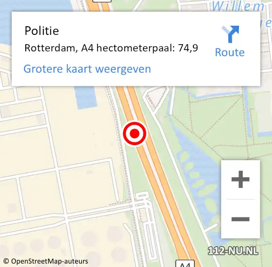 Locatie op kaart van de 112 melding: Politie Rotterdam, A4 hectometerpaal: 74,9 op 13 september 2021 06:29