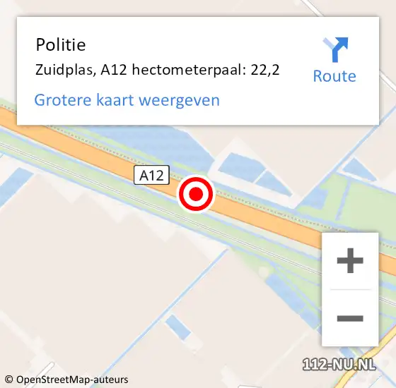 Locatie op kaart van de 112 melding: Politie Zuidplas, A12 hectometerpaal: 22,2 op 13 september 2021 06:55