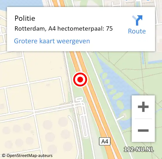 Locatie op kaart van de 112 melding: Politie Rotterdam, A4 hectometerpaal: 75 op 13 september 2021 07:02
