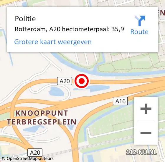 Locatie op kaart van de 112 melding: Politie Rotterdam, A20 hectometerpaal: 35,9 op 13 september 2021 08:52