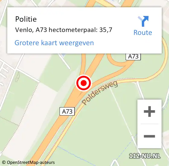Locatie op kaart van de 112 melding: Politie Venlo, A73 hectometerpaal: 35,7 op 13 september 2021 09:03