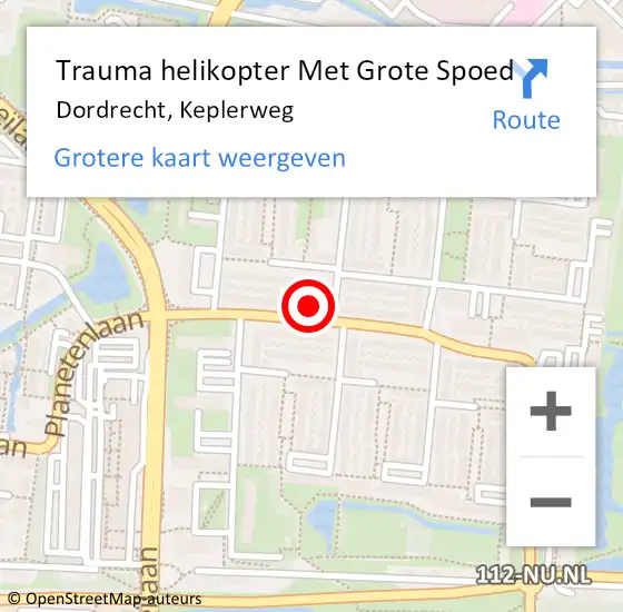 Locatie op kaart van de 112 melding: Trauma helikopter Met Grote Spoed Naar Dordrecht, Keplerweg op 13 september 2021 09:33