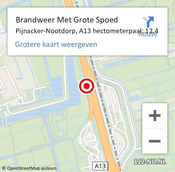 Locatie op kaart van de 112 melding: Brandweer Met Grote Spoed Naar Pijnacker-Nootdorp, A13 hectometerpaal: 12,4 op 13 september 2021 12:21