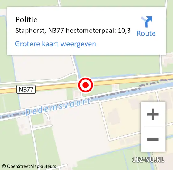 Locatie op kaart van de 112 melding: Politie Staphorst, N377 hectometerpaal: 10,3 op 13 september 2021 12:49