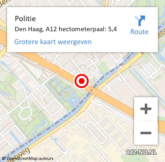 Locatie op kaart van de 112 melding: Politie Den Haag, A12 hectometerpaal: 5,4 op 13 september 2021 13:07