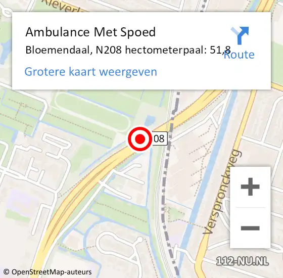 Locatie op kaart van de 112 melding: Ambulance Met Spoed Naar Bloemendaal, N208 hectometerpaal: 51,8 op 13 september 2021 13:13