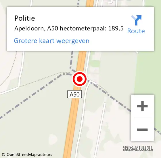 Locatie op kaart van de 112 melding: Politie Apeldoorn, A50 hectometerpaal: 189,5 op 13 september 2021 13:18