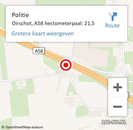 Locatie op kaart van de 112 melding: Politie Oirschot, A58 hectometerpaal: 21,5 op 13 september 2021 13:42