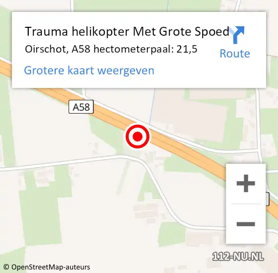 Locatie op kaart van de 112 melding: Trauma helikopter Met Grote Spoed Naar Oirschot, A58 hectometerpaal: 21,5 op 13 september 2021 13:44