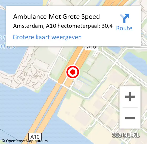 Locatie op kaart van de 112 melding: Ambulance Met Grote Spoed Naar Amsterdam, A10 hectometerpaal: 30,4 op 13 september 2021 16:08