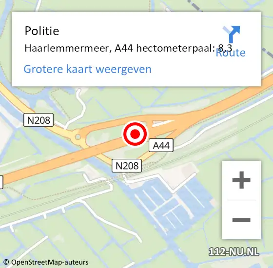 Locatie op kaart van de 112 melding: Politie Haarlemmermeer, A44 hectometerpaal: 8,3 op 13 september 2021 16:24