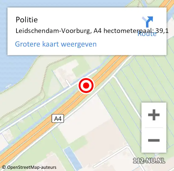 Locatie op kaart van de 112 melding: Politie Leidschendam-Voorburg, A4 hectometerpaal: 39,1 op 13 september 2021 17:05