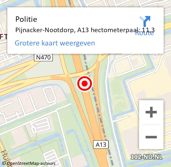 Locatie op kaart van de 112 melding: Politie Pijnacker-Nootdorp, A13 hectometerpaal: 11,3 op 13 september 2021 17:37