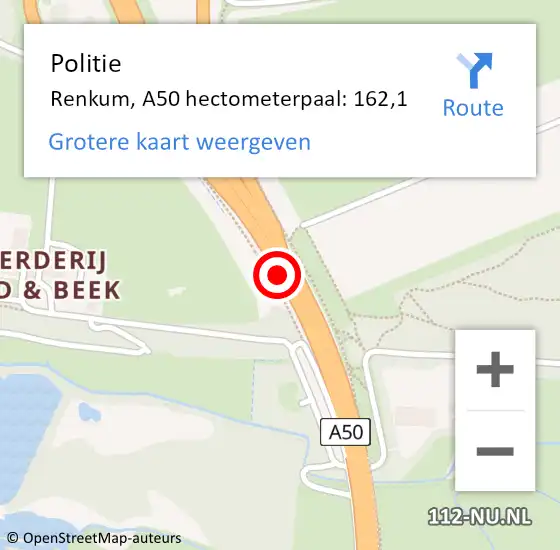 Locatie op kaart van de 112 melding: Politie Renkum, A50 hectometerpaal: 162,1 op 13 september 2021 21:23