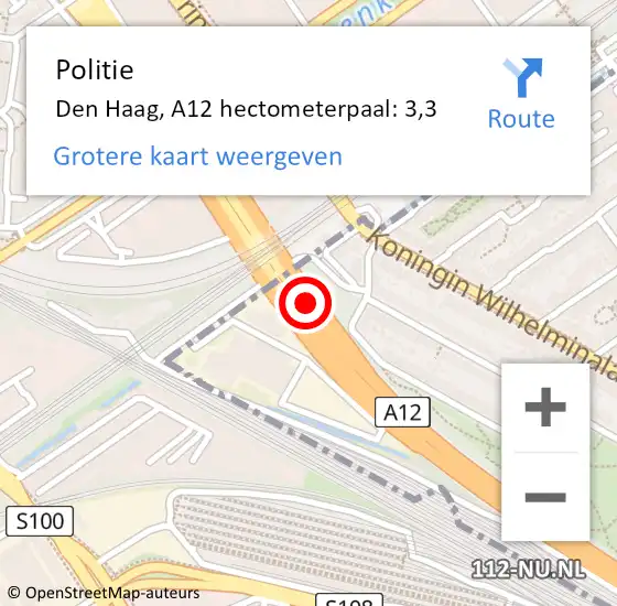 Locatie op kaart van de 112 melding: Politie Den Haag, A12 hectometerpaal: 3,3 op 13 september 2021 22:29