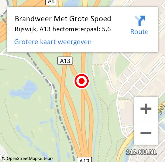 Locatie op kaart van de 112 melding: Brandweer Met Grote Spoed Naar Den Haag, A13 hectometerpaal: 5,6 op 13 september 2021 23:12