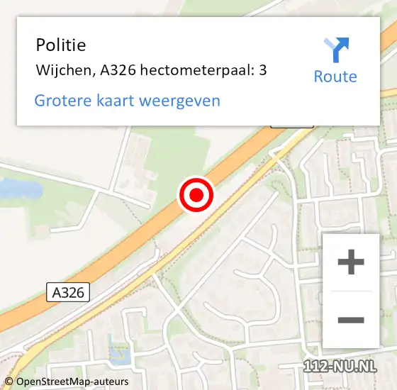 Locatie op kaart van de 112 melding: Politie Wijchen, A326 hectometerpaal: 3 op 13 september 2021 23:54