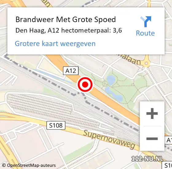 Locatie op kaart van de 112 melding: Brandweer Met Grote Spoed Naar Den Haag, A12 hectometerpaal: 3,6 op 13 september 2021 23:55