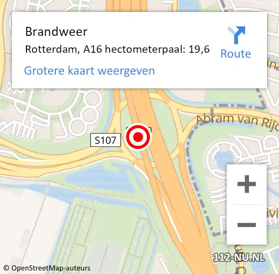 Locatie op kaart van de 112 melding: Brandweer Rotterdam, A16 hectometerpaal: 19,6 op 14 september 2021 02:52