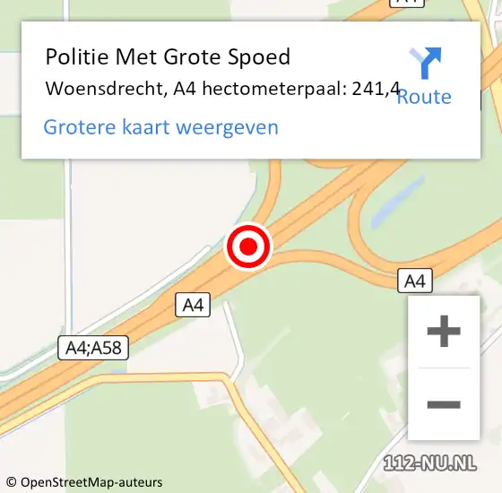 Locatie op kaart van de 112 melding: Politie Met Grote Spoed Naar Woensdrecht, A4 hectometerpaal: 241,4 op 14 september 2021 05:36