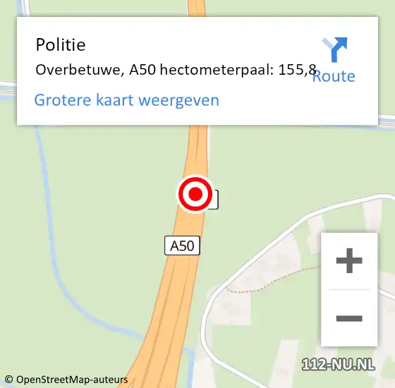 Locatie op kaart van de 112 melding: Politie Overbetuwe, A50 hectometerpaal: 155,8 op 14 september 2021 06:53