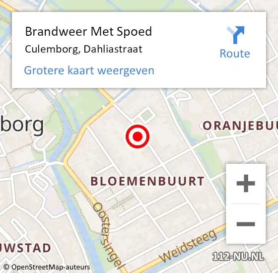 Locatie op kaart van de 112 melding: Brandweer Met Spoed Naar Culemborg, Dahliastraat op 14 september 2021 07:48