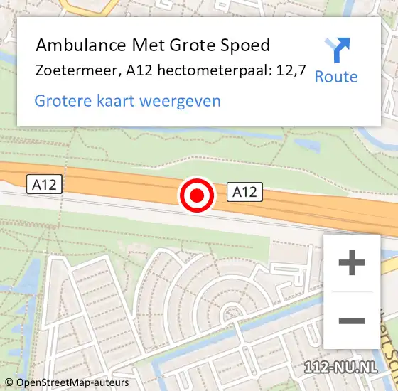 Locatie op kaart van de 112 melding: Ambulance Met Grote Spoed Naar Zoetermeer, A12 hectometerpaal: 12,7 op 14 september 2021 09:00