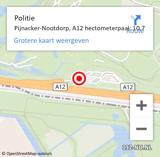 Locatie op kaart van de 112 melding: Politie Pijnacker-Nootdorp, A12 hectometerpaal: 10,7 op 14 september 2021 10:18