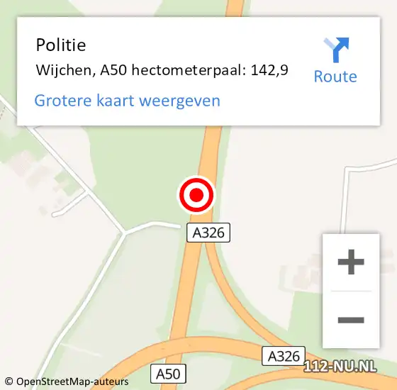 Locatie op kaart van de 112 melding: Politie Wijchen, A50 hectometerpaal: 142,9 op 14 september 2021 11:32