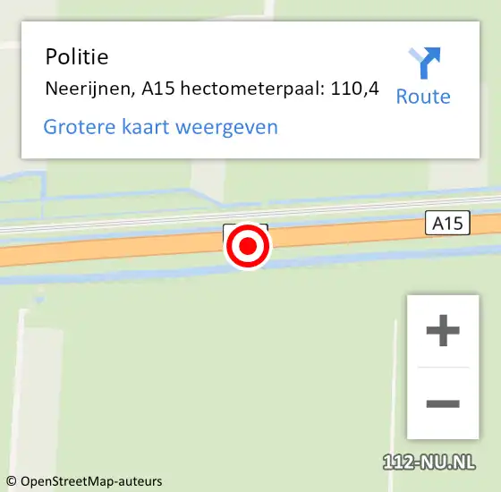 Locatie op kaart van de 112 melding: Politie Neerijnen, A15 hectometerpaal: 110,4 op 14 september 2021 11:58