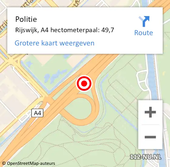 Locatie op kaart van de 112 melding: Politie Rijswijk, A4 hectometerpaal: 49,7 op 14 september 2021 14:01