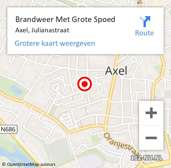 Locatie op kaart van de 112 melding: Brandweer Met Grote Spoed Naar Axel, Julianastraat op 14 september 2021 14:22