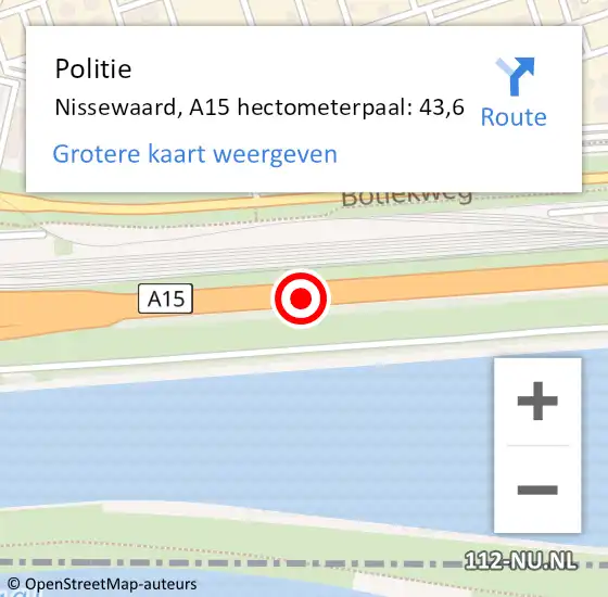 Locatie op kaart van de 112 melding: Politie Bernisse, A15 hectometerpaal: 43,6 op 14 september 2021 15:43