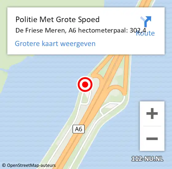 Locatie op kaart van de 112 melding: Politie Met Grote Spoed Naar De Friese Meren, A6 hectometerpaal: 302,4 op 14 september 2021 15:44