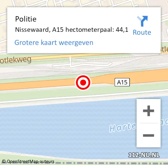 Locatie op kaart van de 112 melding: Politie Bernisse, A15 hectometerpaal: 44,1 op 14 september 2021 15:45