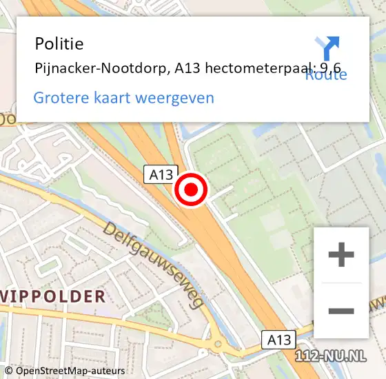 Locatie op kaart van de 112 melding: Politie Pijnacker-Nootdorp, A13 hectometerpaal: 9,6 op 14 september 2021 15:56