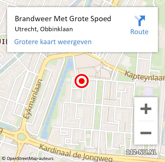 Locatie op kaart van de 112 melding: Brandweer Met Grote Spoed Naar Utrecht, Obbinklaan op 14 september 2021 16:03