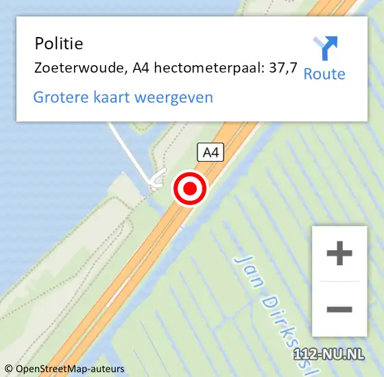 Locatie op kaart van de 112 melding: Politie Zoeterwoude, A4 hectometerpaal: 37,7 op 14 september 2021 16:28