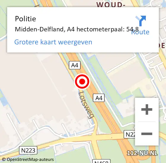 Locatie op kaart van de 112 melding: Politie Midden-Delfland, A4 hectometerpaal: 54,8 op 14 september 2021 17:10