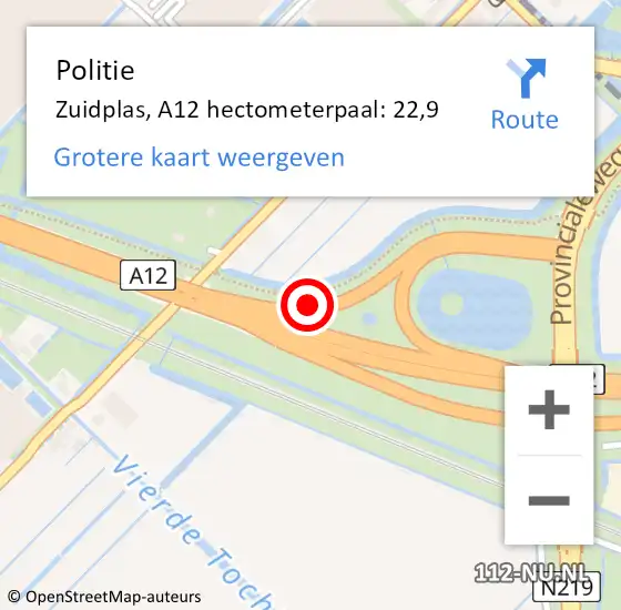 Locatie op kaart van de 112 melding: Politie Zuidplas, A12 hectometerpaal: 22,9 op 14 september 2021 18:23