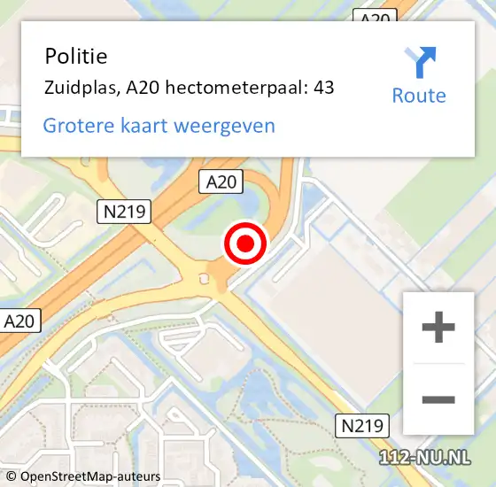 Locatie op kaart van de 112 melding: Politie Zuidplas, A20 hectometerpaal: 43 op 14 september 2021 18:56