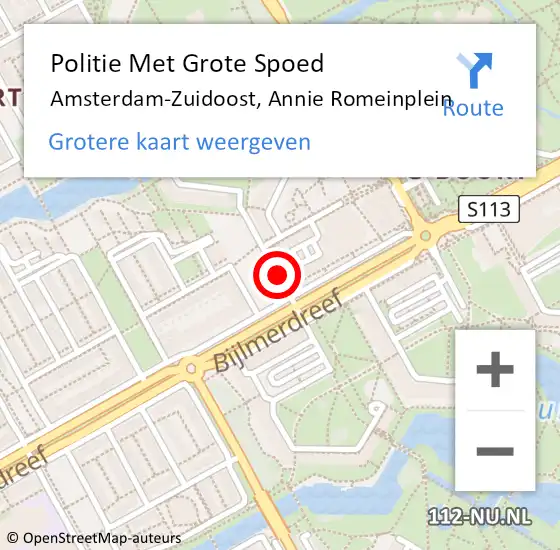 Locatie op kaart van de 112 melding: Politie Met Grote Spoed Naar Amsterdam-Zuidoost, Annie Romeinplein op 14 september 2021 21:43