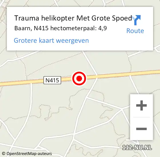 Locatie op kaart van de 112 melding: Trauma helikopter Met Grote Spoed Naar Baarn, N415 hectometerpaal: 4,9 op 14 september 2021 22:04