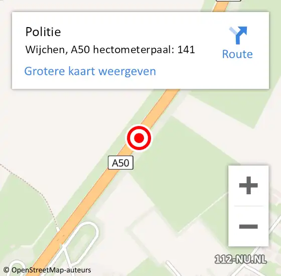 Locatie op kaart van de 112 melding: Politie Wijchen, A50 hectometerpaal: 141 op 14 september 2021 22:08