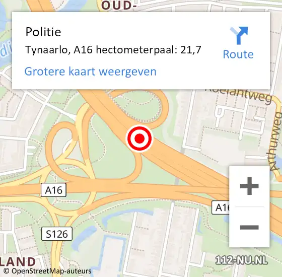 Locatie op kaart van de 112 melding: Politie Tynaarlo, A16 hectometerpaal: 21,7 op 14 september 2021 23:27