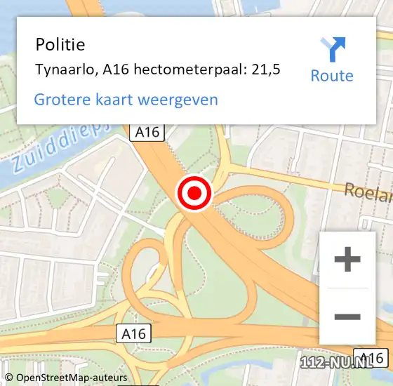 Locatie op kaart van de 112 melding: Politie Tynaarlo, A16 hectometerpaal: 21,5 op 14 september 2021 23:38